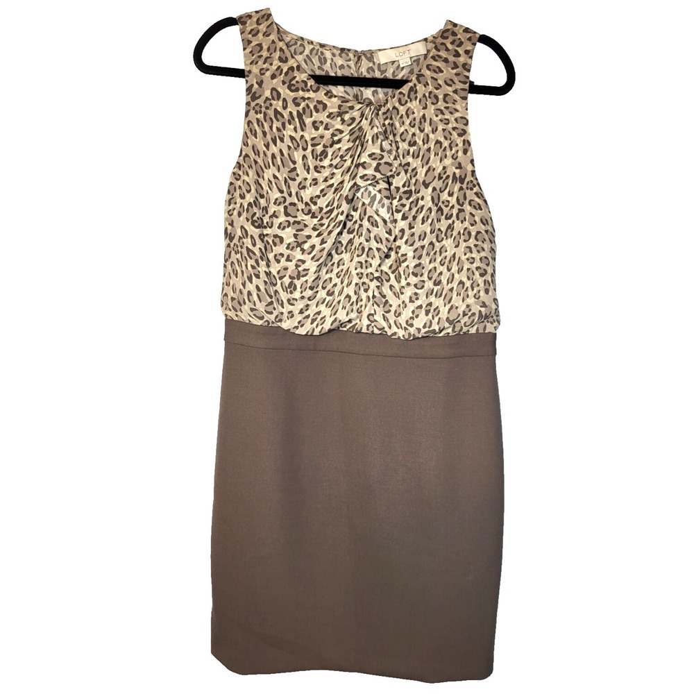 Loft Brown w/Leopard Print Sleeveless Drape Back Sheath Dress Size 10 Career